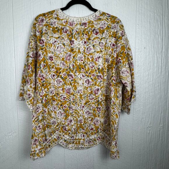 Solitaire Boho Floral Embroidered Tunic Blouse Crew Neck 3/4 Bell Sleeve Size M - Picture 4 of 8